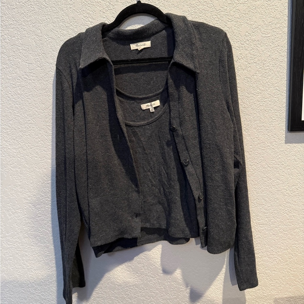 Madewell Brushed Rib Polo Crop Cardigan AND Brushed Rib Tank Crop Top Set